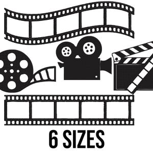 以下が含まれることがあります： 映画関連のアイテムの白黒イラスト。 フィルムストリップ、フィルムリール、映画カメラ、映画のクラッパーボードが含まれています。 下部に「6 SIZES」の文字。 映画をテーマにした工芸品やプロジェクトに最適です。