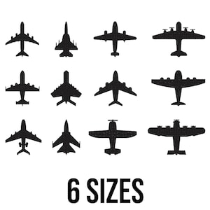 Puede incluir: Ilustraciones en silueta negra de varios aviones, incluyendo cazas y aviones de hélice, sobre un fondo blanco. El texto "6 TAMAÑOS" se muestra en negrita, en negro, en la parte inferior de la imagen.