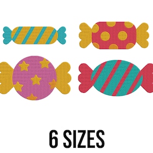 Puede incluir: Cuatro ilustraciones de caramelos coloridos en varios diseños. Uno es amarillo con rayas azules, otro es rojo con lunares amarillos, un tercero es rosa con estrellas amarillas y el último es turquesa con rayas rojas. El texto "6 SIZES" se muestra debajo.