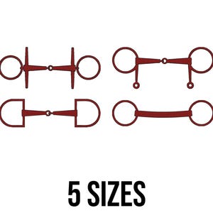May include: An illustration of five different styles of horse bits in a deep red colour. The bits are shown against a white background. The text "5 SIZES" is displayed in bold, black font at the bottom of the image.