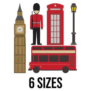 Può includere: Un ricamo con icone di Londra: il Big Ben, una cabina telefonica rossa, un autobus a due piani, un lampione e una guardia reale. Il testo "6 TAGLIE" è visualizzato sotto. Il design è rosso, nero, beige e grigio.