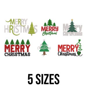 Merry Christmas Embroidery Design - Retro Christmas Lettering with Tree Embroidery Design - Xmas Machine Embroidery Design Files - 5 Sizes