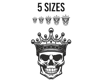 Diseño de bordado de calavera de rey con corona - Archivos de bordado de calavera - Bordado de calavera - Archivos de diseño de bordado a máquina - 5 tamaños
