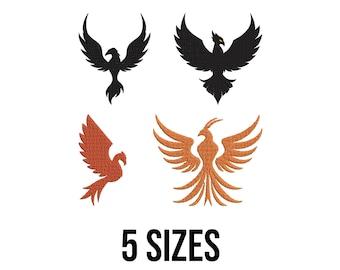 Diseño de bordado de ave fénix - Diseño de bordado de pájaro de fuego - Diseño de bordado de fénix ardiente - Archivos de diseño de bordado a máquina - 5 tamaños