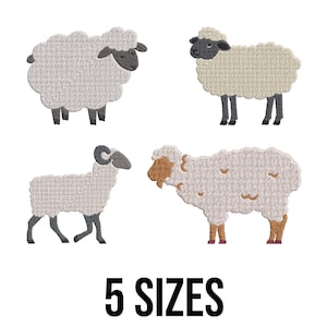 May include: Four embroidered sheep designs in various poses, each with a fluffy, textured appearance. The sheep are in shades of white, gray, and brown, with black or gray faces and legs. The text "5 SIZES" is displayed in a bold, black font below the sheep.