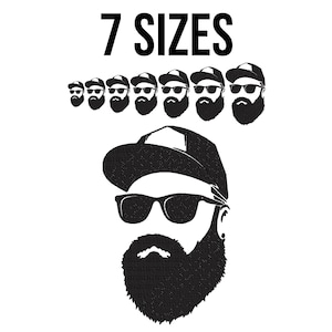 May include: Black and white illustration of a bearded man wearing a baseball cap and sunglasses. The image shows 7 different sizes of the illustration, labeled "7 SIZES".