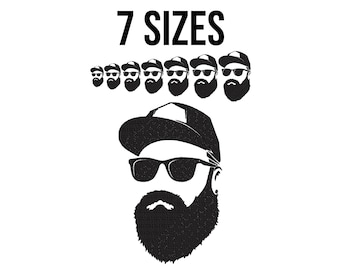 Diseño de bordado de barba Mab - Bordado de rostro de hombre - Diseño de bordado a máquina de rostro de hombre con barba, gafas de sol y gorra - 7 tamaños