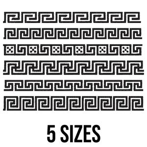 May include: Black and white Greek key pattern designs in five different sizes. The designs are arranged in horizontal rows, showcasing variations of the classic meander motif. The text "5 SIZES" is displayed in bold, black font at the bottom.