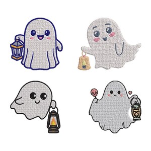 May include: Four embroidered ghost designs. Each ghost is light grey with black outlines and rosy cheeks. One ghost holds a lantern, another a bag, a third a lantern, and the last a lollipop and a lantern. Halloween themed.