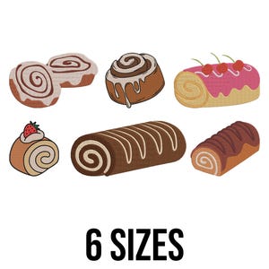 Könnte beinhalten: Illustration von sechs verschiedenen Backwaren, darunter Zimtschnecken, ein mit Erdbeeren belegtes Gebäck und eine Schokoladenrolle. Der Text "6 SIZES" wird in schwarzer, fetter Schrift am unteren Rand des Bildes angezeigt.