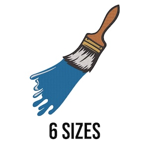 May include: A blue paintbrush with a wooden handle, dripping blue paint. The text "6 SIZES" is below the brush.