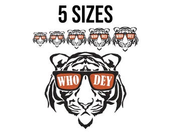 Desenho de bordado Who Dey - Arquivos de bordado de tigre Who Dey - Bordado de tigre - Bordado de Bengala - Arquivos de desenho de bordado à máquina - 5 tamanhos