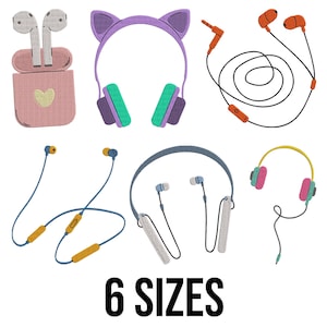 May include: An illustration of various headphones and earbuds in different styles and colors, including over-ear, in-ear, and wireless options. The image includes the text "6 SIZES" in a bold, black font.