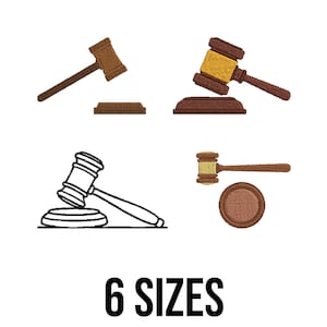 May include: An image featuring six different depictions of wooden gavels, some with a gold-colored head, and their accompanying sound blocks. The text "6 SIZES" is displayed in bold, black font at the bottom of the image.