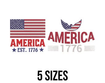 Diseño de bordado "América Est. 1776" - Diseño de bordado del 4 de julio - Bordado de la bandera estadounidense - Archivos de diseño de bordado a máquina - 5 tamaños