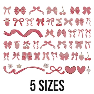 Könnte beinhalten: Eine Sammlung von rosa Schleifen, Bändern, Kirschen, Erdbeeren und Herzen in verschiedenen Rosatönen. Der Text "5 SIZES" ist unten im Bild in Schwarz dargestellt. Die Schleifen haben unterschiedliche Stile und Muster.