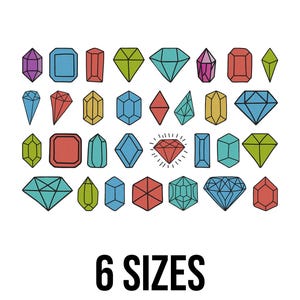 Puede incluir: Una colección de ilustraciones de gemas coloridas, dibujadas a mano, en varias formas y tamaños. Las gemas están delineadas en negro y rellenas con tonos de morado, azul, rojo, amarillo y verde. El texto "6 SIZES" está en la parte inferior.