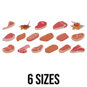 May include: An illustration of various cuts of raw meat, including steaks, chops, and grilled items. The image features a variety of colors, including red, pink, and brown. The text "6 SIZES" is displayed at the bottom of the image.