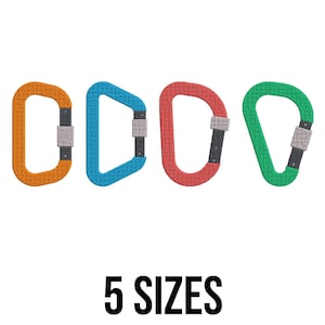 May include: Four colorful carabiners in orange, blue, red, and green are displayed against a white background. Each carabiner has a silver locking mechanism. The text "5 SIZES" is printed in black below the carabiners.