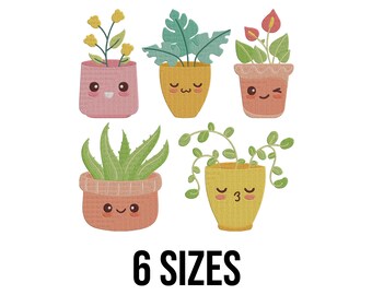 Diseño de bordado de macetas con flores - Diseño de bordado de flores con macetas - Archivos de diseño de bordado a máquina de cactus y plantas - 6 tamaños