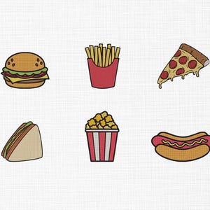 Fast Food Embroidery Design, Burger, Pizza slice, Hotdog, Sandwich, Fries, Popcorn Embroidery Design Food Embroidery Junk food 5 Sizes