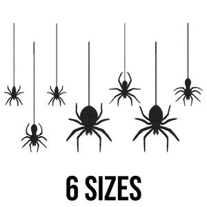May include: Black spider silhouettes hanging from thin lines against a white background. The image features spiders of varying sizes, with the text "6 SIZES" in bold black font at the bottom. Ideal for Halloween decorations.