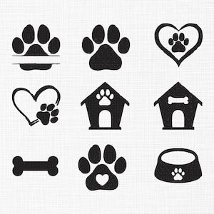 May include: A set of nine black and white dog paw print, bone, heart, doghouse, and food bowl illustrations. The illustrations are perfect for use in crafting projects, scrapbooking, or digital design.