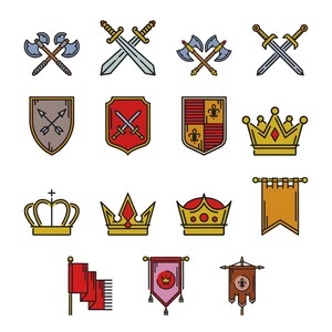 Diseños de bordado de heráldica medieval - Bordado de iconos reales - Archivos de diseño de bordado a máquina de hachas, espadas, escudos, coronas y estandartes - 8 tamaños