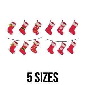 May include: An image of ten red Christmas stockings with various designs, including snowflakes, stripes, and bows. The stockings are hanging on a string against a white background. The text "5 SIZES" is displayed at the bottom.