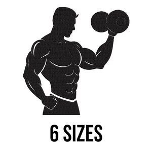 May include: Black silhouette of a muscular person lifting weights. The person is lifting two dumbbells with both arms. The image includes the text "6 SIZES".