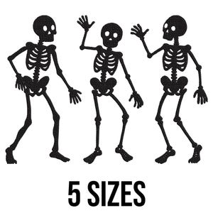 May include: Black silhouette illustration of three dancing skeletons on a white background. The skeletons are in various poses, with arms and legs outstretched. The text "5 SIZES" is displayed in bold, black font below the skeletons.