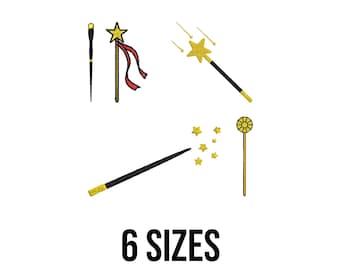 Diseño de bordado de paquete de mago - Diseño de bordado de varita mágica - Bordado de varita mágica con estrellas - Archivos de diseño de bordado a máquina - 6 tamaños