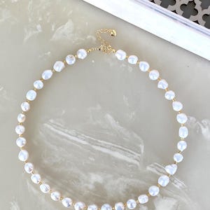 White Baroque Pearl Beaded Necklace, White Freshwater Pearl Gold Plated Beads Necklace, Freshwater Pearl Choker, Pearl Jewelry Gifts