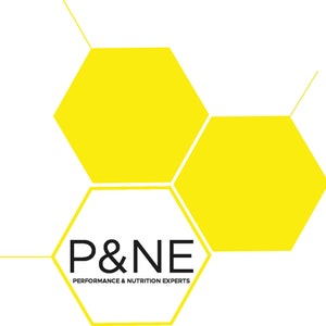 Può includere: Un logo nero e giallo con il testo "P&NE Performance & Nutrition Experts" in un motivo a nido d'ape.