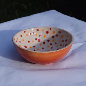 Handmade Ceramic Bowl – Vibrant Polka Dot and Sunset Design