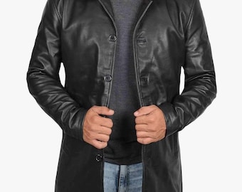 Black Leather Vintage Style  Lambskin Leather Coat - Longline Jacket Men