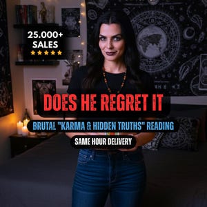 Puede incluir: Imagen de una mujer con top negro y vaqueros. Superposición de texto: "DOES HE REGRET IT" en rojo, con información sobre una lectura de "KARMA & HIDDEN TRUTHS" y "SAME HOUR DELIVERY". También se muestra un contador de ventas.