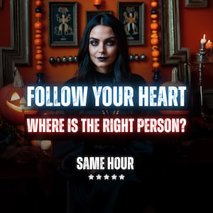 Könnte beinhalten: Eine Frau mit dunklem Haar und Make-up steht vor einem Halloween-Hintergrund. Auf einem leuchtenden Banner steht der Text "FOLLOW YOUR HEART", "WHERE IS THE RIGHT PERSON?" und "SAME HOUR". Der Hintergrund umfasst Kürbisse und Kerzen.