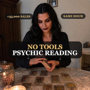 May include: A person with dark hair wearing a black top, shuffling a deck of tarot cards over a lace-covered table with spread cards. Text overlays read +33,000 SALES, SAME HOUR, and NO TOOLS PSYCHIC READING in gold and white lettering.