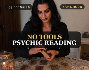 May include: A person with dark hair wearing a black top, shuffling a deck of tarot cards over a lace-covered table with spread cards. Text overlays read +33,000 SALES, SAME HOUR, and NO TOOLS PSYCHIC READING in gold and white lettering.