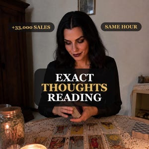 May include: A person with dark hair wearing a black top, sitting at a table with a lace tablecloth, holding a deck of tarot cards. The text "+33,000 SALES", "SAME HOUR", and "EXACT THOUGHTS READING" is overlaid on the image with several tarot cards.