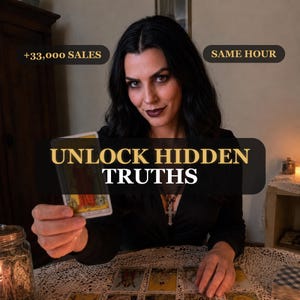 Könnte beinhalten: Eine Person in einem schwarzen Oberteil hält eine Tarotkarte mit dem Text UNLOCK HIDDEN TRUTHS, +33,000 SALES und SAME HOUR. Die Person trägt eine Kreuzkette und sitzt an einem Tisch mit einer Spitzendecke und ausgelegten Tarotkarten.