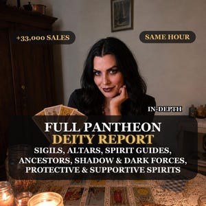 May include: A person with dark hair holding a fan of tarot cards, with text overlays reading +33,000 SALES, SAME HOUR, IN-DEPTH, FULL PANTHEON DEITY REPORT, SIGILS, ALTARS, SPIRIT GUIDES, ANCESTORS, SHADOW & DARK FORCES, PROTECTIVE & SUPPORTIVE SPIRITS.