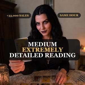 May include: A person with dark hair wearing a black top holds a tarot card over a table covered with a lace cloth and several tarot cards. Text overlays read +33,000 SALES, SAME HOUR, and MEDIUM EXTREMELY DETAILED READING in white and gold.