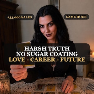 May include: A person with dark hair wearing a black top and a cross necklace, holding a tarot card. Text overlays read +33,000 SALES, SAME HOUR, HARSH TRUTH, NO SUGAR COATING, and LOVE - CAREER - FUTURE. Several tarot cards are spread on a lace tablecloth.