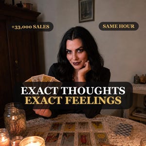 May include: A person with dark hair wearing a black top, holding a fan of tarot cards. The text reads +33,000 SALES, SAME HOUR, and EXACT THOUGHTS EXACT FEELINGS. Several tarot cards are laid out on a lace-covered table with lit candles nearby.