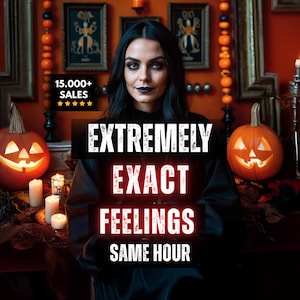 May include: A woman with dark hair and makeup is centered in a Halloween-themed image. The text reads "EXTREMELY EXACT FEELINGS SAME HOUR." Carved pumpkins and candles flank the woman. The background is decorated with orange and black accents.
