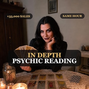 May include: A person with dark hair wearing a black top holds a fan of tarot cards. Text overlays read +33,000 SALES, SAME HOUR, and IN DEPTH PSYCHIC READING. Several tarot cards are laid out on a lace-covered table with lit glass jar candles.