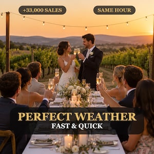 Puede incluir: Una mesa de recepción de boda con manteles blancos, velas y centros de mesa florales, rodeada de invitados con copas de champán. Los textos superpuestos dicen +33,000 SALES, SAME HOUR, PERFECT WEATHER y FAST & QUICK.