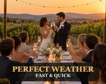 May include: A wedding reception dinner table set with white linens, candles, and floral centerpieces, surrounded by guests holding champagne flutes. Text overlays read +33,000 SALES, SAME HOUR, PERFECT WEATHER, and FAST & QUICK.